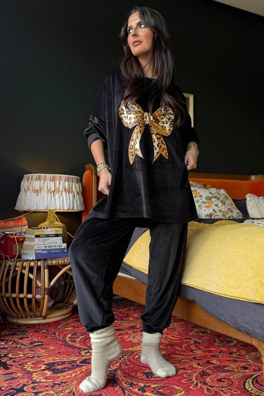 Binky Bow Soft Stretch Velour Lounge Suit Black